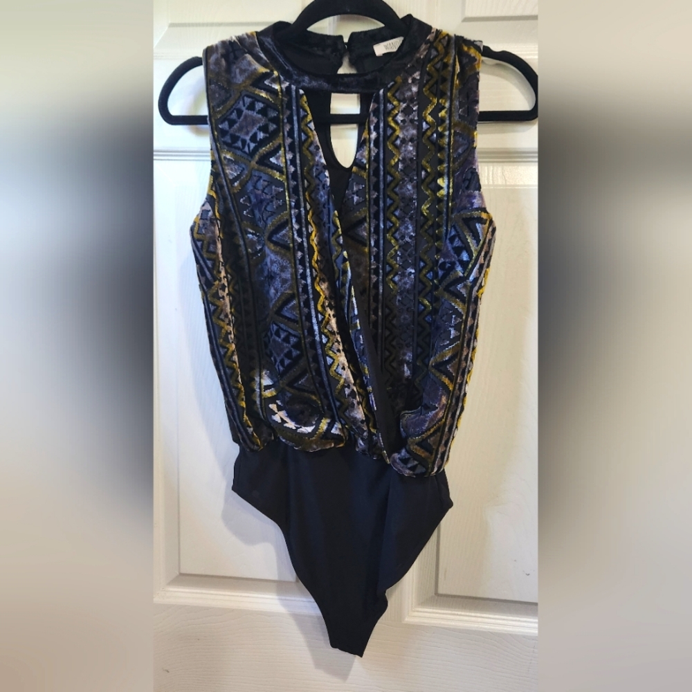 Wanderlux black green burnout velvet bodysuit women's size Small